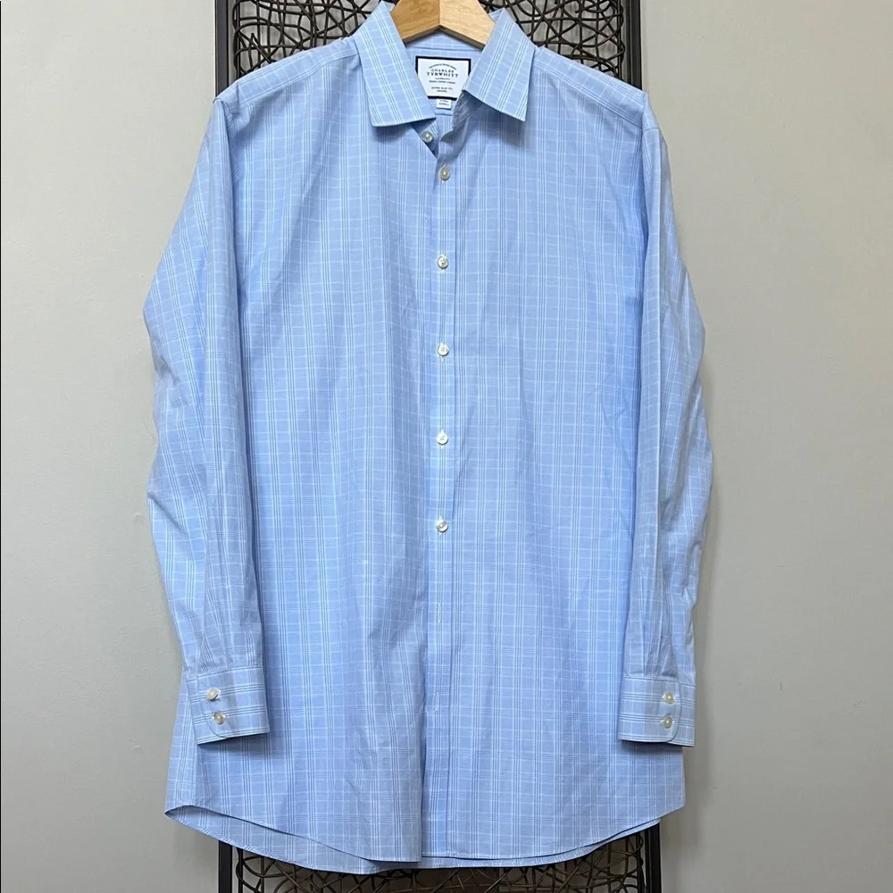 Charles Tyrwhitt Light Blue Plaid Dress Shirt Extra Slim Fit 17/35